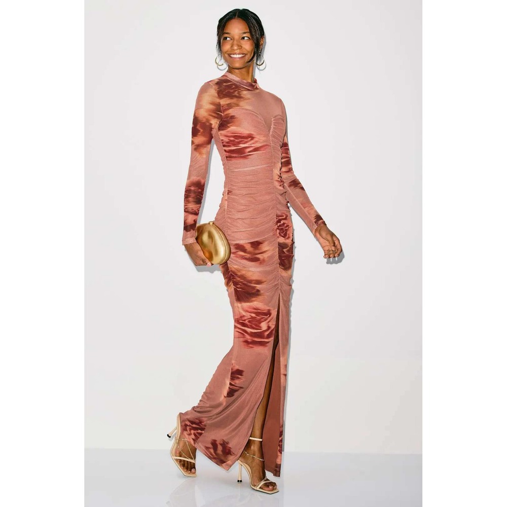 Black Halo Ruched Mesh Maxi Dress Sunset Cloud Print High Neck Slit Size 0